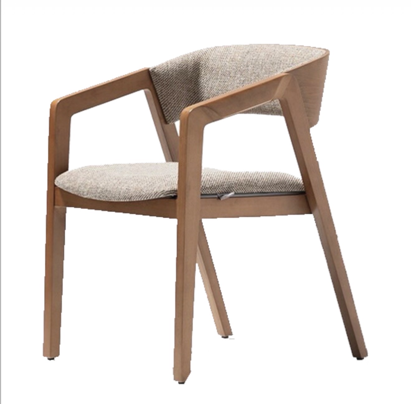 Feanor dining chair — speckled grey-beige fabric, walnut-tone wood, with armrests