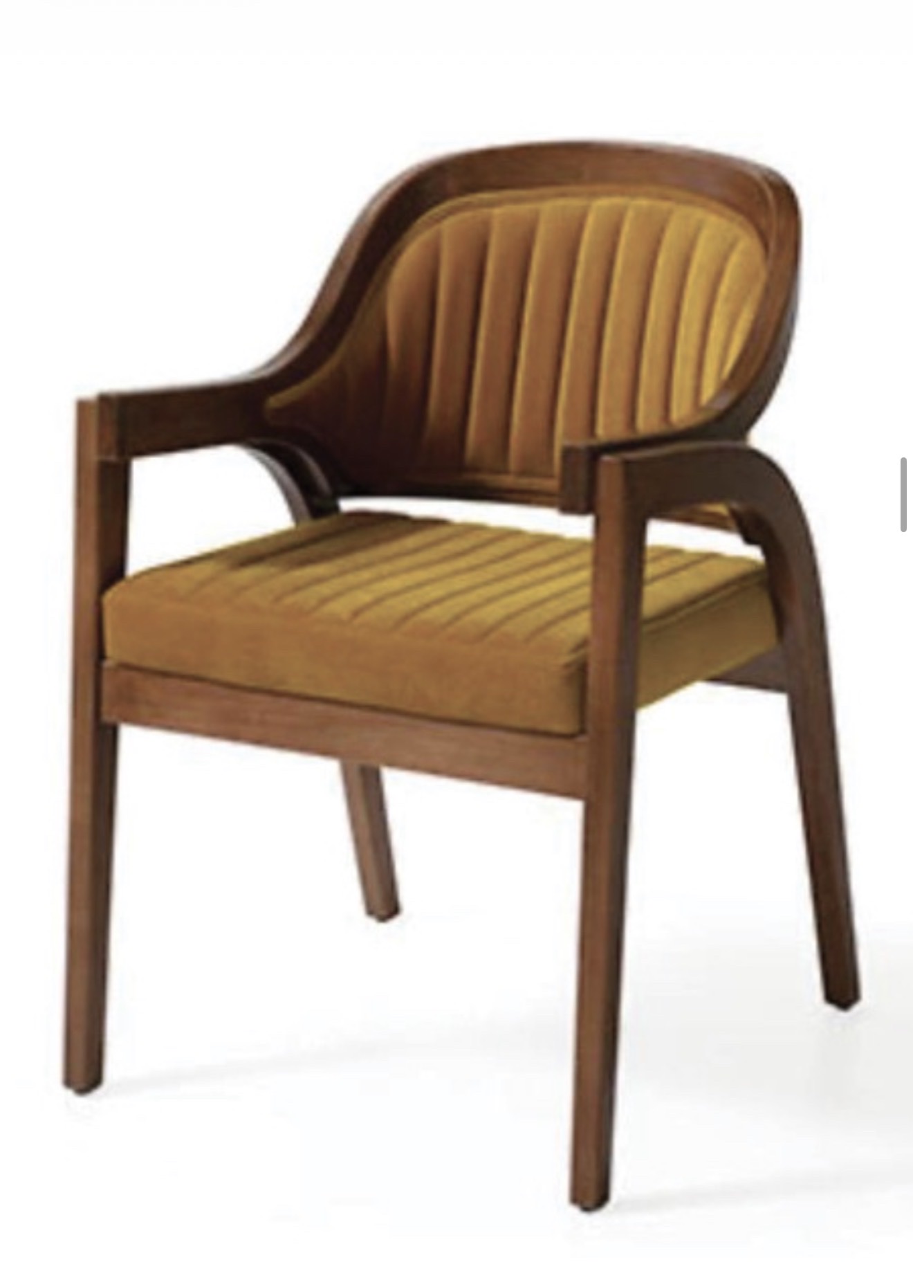 Pablo dining chair — mustard channel-tufted upholstery, dark wood armrests