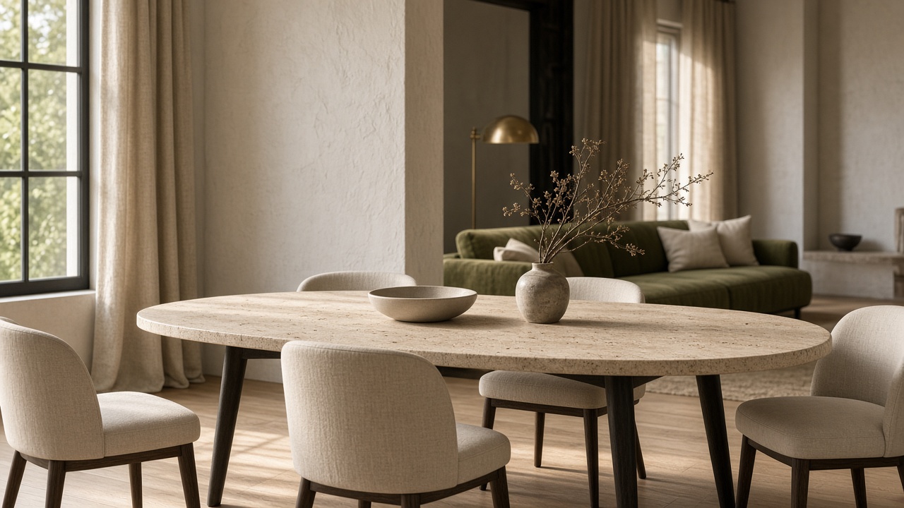 Modern Avrupa salonunda oval traverten yemek masası.